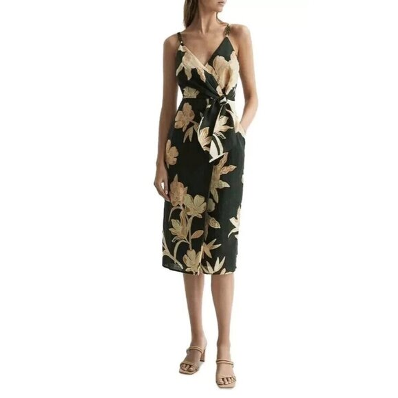 Reiss Womens Size 2 Dark Green Alice Dress Floral Tropical Linen Faux Wrap NEW - Picture 1 of 3